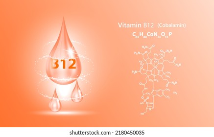 Estructura de iconos vitamina B12 colágeno de agua de gota naranja. Vector Realista 3D. Conceptos médicos y científicos. Tratamiento de belleza nutrición diseño de cuidado de la piel. Complejo de solución con naturaleza de fórmula química.