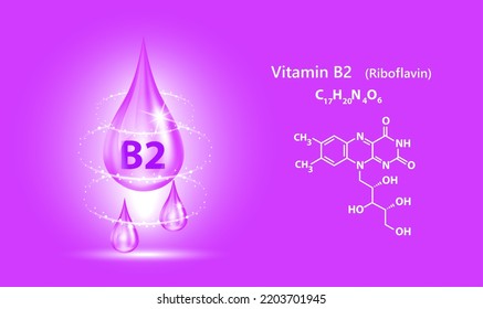 Icon Struktur Vitamin B2 Tropfen Wasser Kollagen violette Erbsen Blumen. 3D-Vektorgrafik. Medizin und Wissenschaft. Schönheitsbehandlung Ernährung Hautpflege Design. Lösungskomplex mit chemischer Formelnatur.