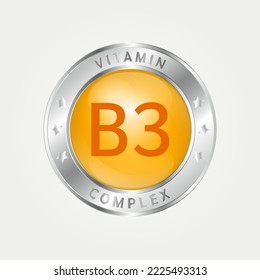 Icon structure vitamin B3 circle yellow, gold. silver border. Pill complex, collagen serum chemical formula. Beauty treatment nutrition skin care design, healthy. Medical, scientific. 3D Vector EPS10.