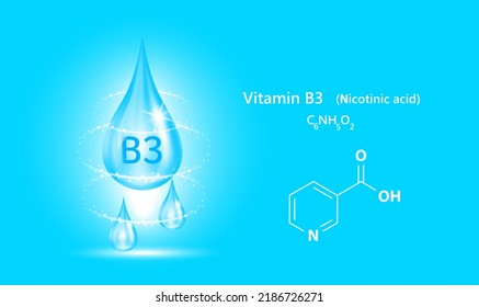 Estructura de iconos vitamina B3 gota de agua colágeno azul. Vector Realista 3D. Conceptos médicos y científicos. Tratamiento de belleza nutrición diseño de cuidado de la piel. Complejo de solución con naturaleza de fórmula química.