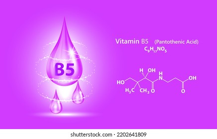 Icon structure vitamin B5 drop water collagen purple pea flowers. 3D  Vector. Medical and scientific. Beauty treatment nutrition skin care design. Solution complex with Chemical formula nature.