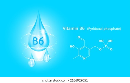 Icon structure vitamin B6 drop water collagen blue. 3D Realistic Vector. Medical and scientific concepts. Beauty treatment nutrition skin care design. Solution complex with Chemical formula nature.