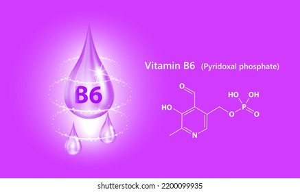 Icon structure vitamin B6 drop water collagen purple pea flowers. 3D  Vector. Medical and scientific. Beauty treatment nutrition skin care design. Solution complex with Chemical formula nature.