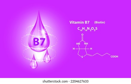 Estructura de iconos vitamina B7 gota de agua colágeno flores de guisantes morados. Vector 3D. Médico y científico. Tratamiento de belleza nutrición diseño de cuidado de la piel. Complejo de solución con naturaleza de fórmula química.