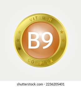  Icon structure Vitamin B9 circle light Yellow. gold border. Pill complex, collagen serum chemical formula. 3D vector EPS10. Beauty treatment nutrition skin care design, healthy. Medical, scientific. 