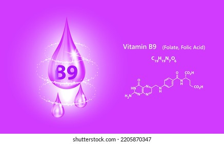 Estructura de iconos vitamina B9 gota de agua colágeno flores de guisantes morados. Vector 3D. Médico y científico. Tratamiento de belleza nutrición diseño de cuidado de la piel. Complejo de solución con naturaleza de fórmula química.