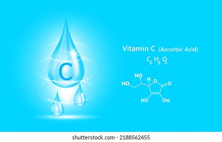 Estructura de iconos vitamina C agua de gota colágeno azul. Vector Realista 3D. Conceptos médicos y científicos. Tratamiento de belleza nutrición diseño de cuidado de la piel. Complejo de solución con naturaleza de fórmula química.