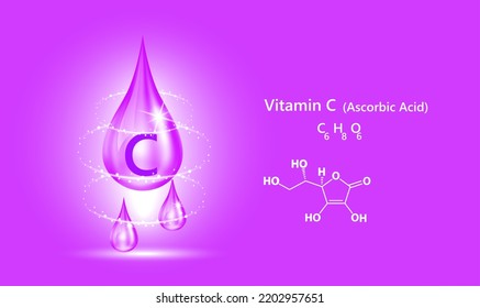 Icon structure vitamin C drop water collagen purple pea flowers. 3D  Vector. Medical and scientific. Beauty treatment nutrition skin care design. Solution complex with Chemical formula nature.