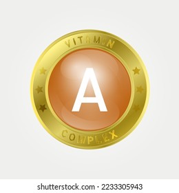  Icon structure Vitamin A circle light Yellow. gold border. Pill complex, collagen serum chemical formula. 3D vector EPS10. Beauty treatment nutrition skin care design, healthy. Medical, scientific. 