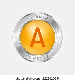 Icon structure vitamin A circle yellow, gold. silver border. Pill complex, collagen serum chemical formula. Beauty treatment nutrition skin care design, healthy. Medical, scientific. 3D Vector EPS10.