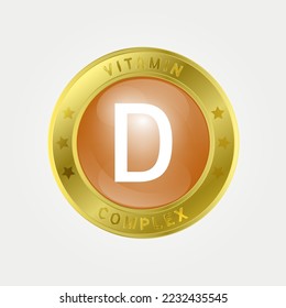  Icon structure Vitamin D circle light Yellow. gold border. Pill complex, collagen serum chemical formula. 3D vector EPS10. Beauty treatment nutrition skin care design, healthy. Medical, scientific. 