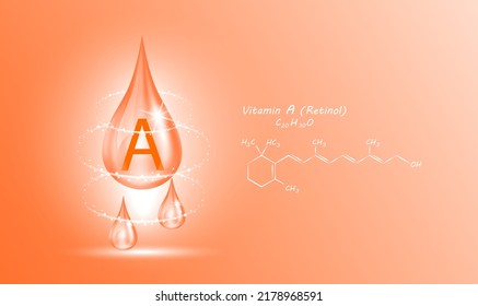 Icon structure vitamin A drop water collagen orange. 3D Realistic Vector. Medical and scientific concepts. Beauty treatment nutrition skin care design. Solution complex with Chemical formula nature.