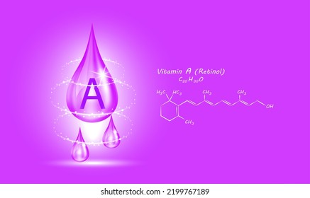 Icon Struktur Vitamin A Tropfen Wasser Kollagen violette Erbsen Blumen. 3D-Vektorgrafik. Medizin und Wissenschaft. Schönheitsbehandlung Ernährung Hautpflege Design. Lösungskomplex mit chemischer Formelnatur.