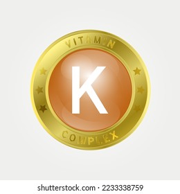 Icon structure Vitamin K circle light Yellow. gold border. Pill complex, collagen serum chemical formula. 3D vector EPS10. Beauty treatment nutrition skin care design, healthy. Medical, scientific. 