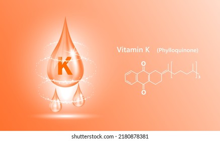 Icon structure vitamin K drop water collagen orange. 3D Realistic Vector. Medical and scientific concepts. Beauty treatment nutrition skin care design. Solution complex with Chemical formula nature.