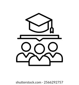 icon student community,Graduation cap above three student figures. Suitable for graduation announcements, educational presentations, school websites, and studentrelated materials.