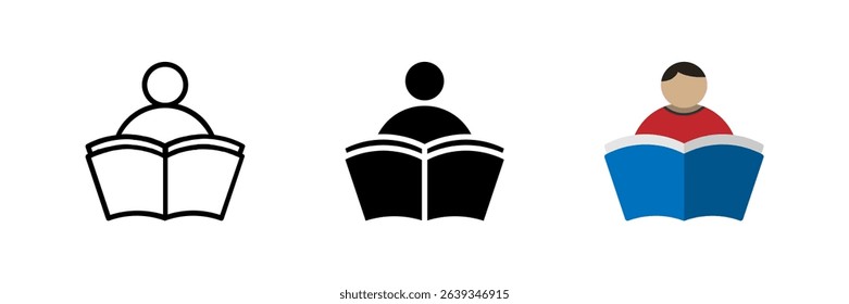An icon of a student reading a book, perfect for symbolizing learning, study, literacy, and academic pursuit.