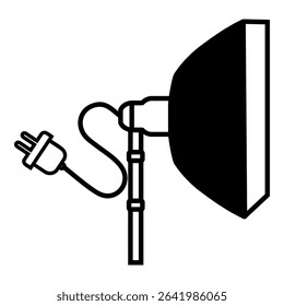 icon of a studio softbox light on a stand, with a power cable and plug, in a bold outline style.