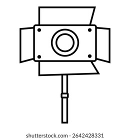Ícone de um holofote de estúdio com portas de celeiro e elemento de lente central, montado em um suporte vertical para uso de fotografia ou videografia.