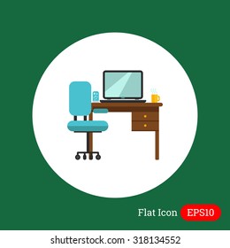 Icon of study interior including chair, desk with laptop, lamp and hot drink cup