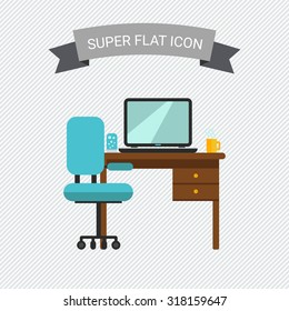 Icon of study interior including chair, desk with laptop, lamp and hot drink cup
