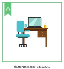 Icon of study interior including chair, desk with laptop, lamp and hot drink cup