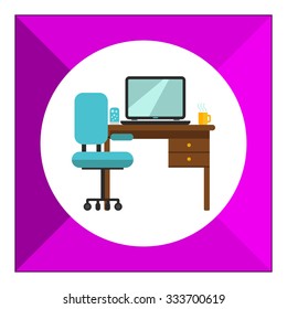 Icon of study interior including chair, desk with laptop, lamp and hot drink cup