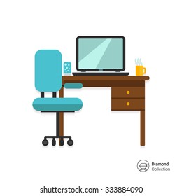 Icon of study interior including chair, desk with laptop, lamp and hot drink cup