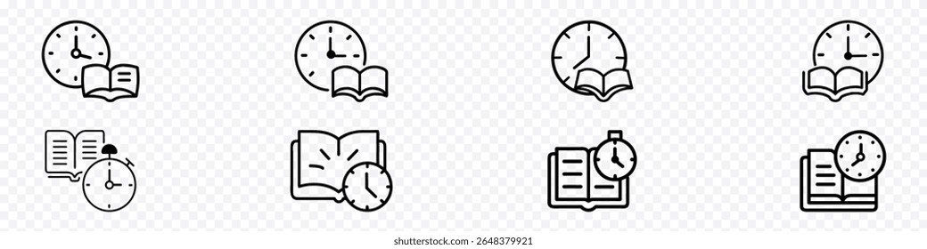 Icon of Study Time Management, Reading Deadlines, and E-learning Efficiency, icons of clock with open book symbolizing time management in education, study schedule, e-learning planning