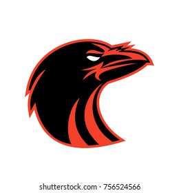 Icon style illustration of an angry raven or crow head looking up on isolated background.