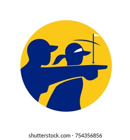 Icon style illustration of a caddie or caddy pointing with golfer set inside circle on isolated background.