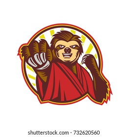 Icon style illustration of a mascot of a Sloth Fighter Self Defense punching fighting viewed from front set inside circle on isolated background.