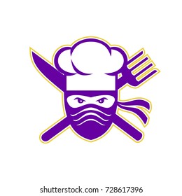 Icon style illustration of a Ninja Chef, cook or baker with Crossed Knife and Fork on isolated background.