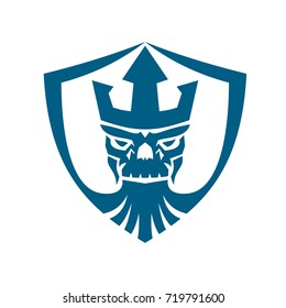 Icon style illustration of Skull of Neptune wearing Trident Crown with beard set inside Crest shield on isolated background.