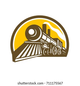 Icon style illustration of a Steam Locomotive railway Train viewed from a low angle set inside Circle on isolated background.