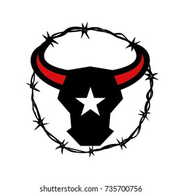 Icon style illustration of a Texas Longhorn bull with star on it's head set inside Barbed Wire circle on isolated background.