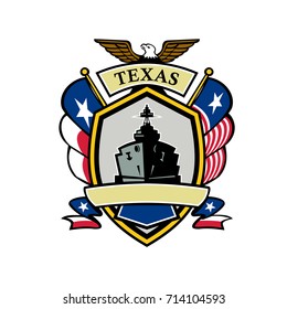 Icon Style Illustration Of A Texas Navy Battleship With Texas Lone Star And Navy Flag On Side And American Eagle Up Top Set Inside Shield Crest Shape.