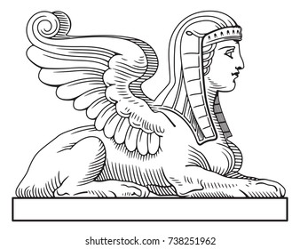 Icon style sphinx realized in black and white oriented to the right. Soft etching is hatch on all the composition