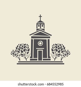 Icon Of A Stylized Bell Tower With Trees. Flat Vector Isolated Silhouette.