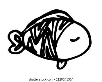 el icono es un pez estilizado. Peces de mar aislados dibujados al estilo de las caricaturas con patrones de línea ondulada contorno negro aislado, forma oval en el lado blanco para la plantilla de diseño