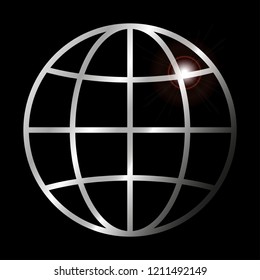 An icon of a stylized metallic globe, isolated on black background - Vector