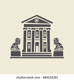 Icon of a stylized two-storey old building with columns and two sculptures of lions. Flat vector isolated silhouette.