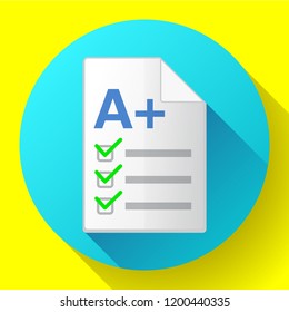 Icon of successful test result. Test paper with A plus grade. Isolated on white background. Vector illustration.