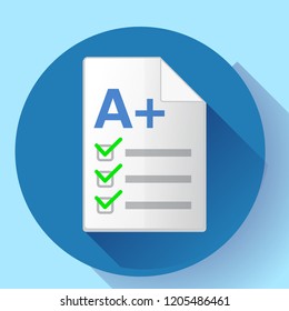 Icon of successful test result. Test paper with A plus grade. Isolated on white background. Vector illustration.