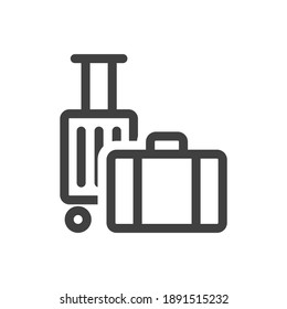 Icon suitcases for travel. Simple linear vector hand luggage. The location of the suitcase with wheels behind the carry-on suitcase. Isolated vector on white background.