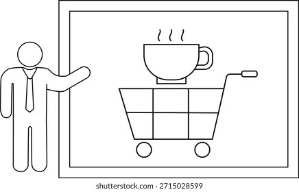 Icono del hombre del traje que presenta una taza gráfica enmarcada del café encima de un Carrito de compras