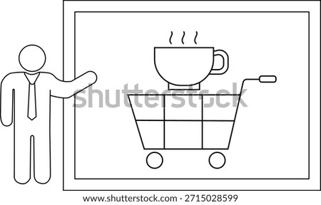 Icon of suited man presenting a framed graphic cup of coffee atop a shopping cart