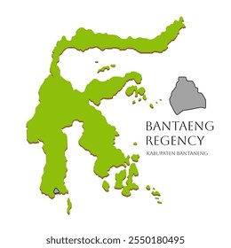 Icon of Sulawesi Island, featuring green Indonesian islands. Map of Bantaeng Regency, South Sulawesi Province, Indonesia, city-regency layout.