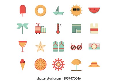 Icon of summer bright color scheme, activity and food concept, flat style, vector illustration. , Isolated on white background
