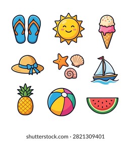icon summer elements collection set. summer clip art isolated white. Cute Summer Beach Vacation Icon Set - Flip Flops, Sun, Ice Cream, Hat, Seashells, Sailboat, Pineapple, Beach Ball and Watermelon Flat Vector Illustration. flat style with outline. set of summer sticker